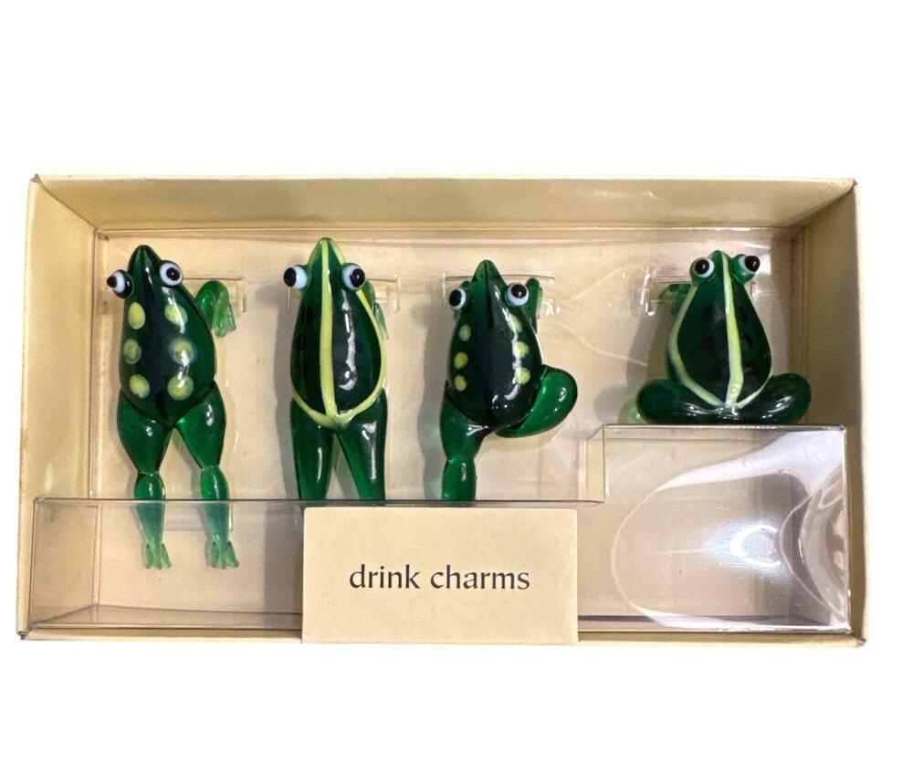 Discontinued Pier 1 Glass Frog Drink Charms Set of 4 in Original Box